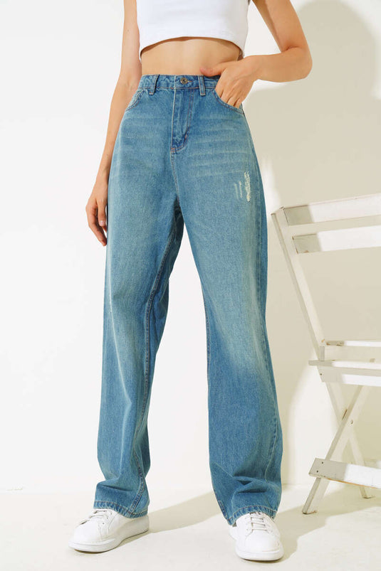 Pantalon Jeans Ample Effiloché Teinte Vert