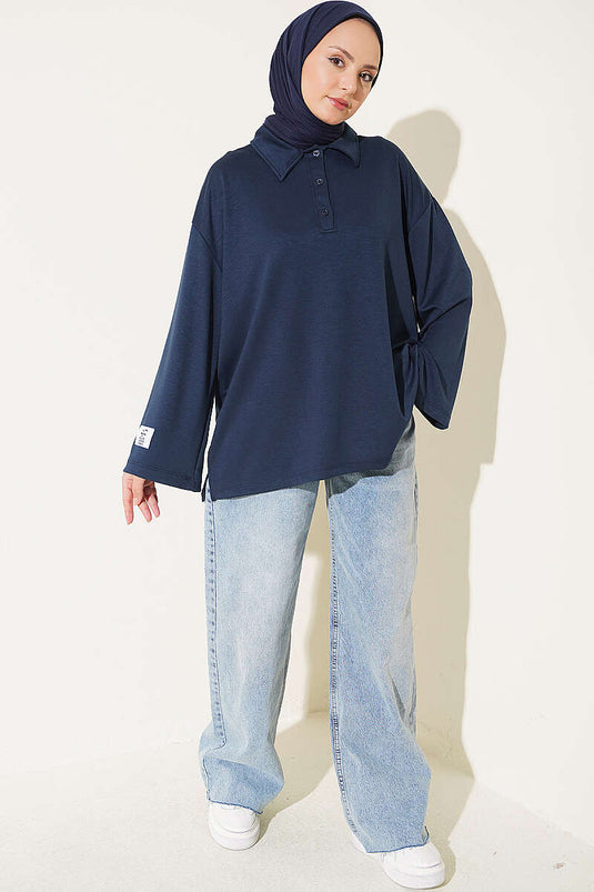 Loose Side-Slit Lace Tunic In Navy Blue