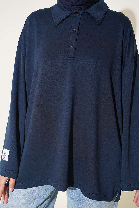 Loose Side-Slit Lace Tunic In Navy Blue