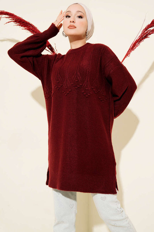 Cluster Embossed Soft Knit Tunic Claret Red