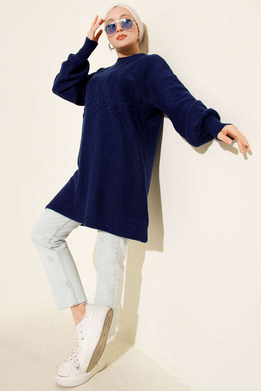 Cluster Embossed Soft Knit Tunic Navy Blue