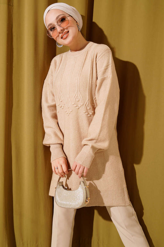 Cluster Embossed Soft Knitwear Tunic Latte