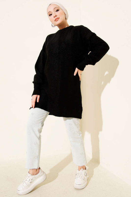 Cluster Embossed Soft Knit Tunic Black