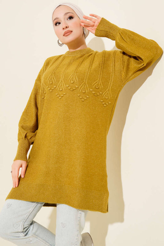 Salkım Embossed Soft Knit Tunic Oil Green