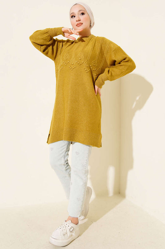 Salkım Embossed Soft Knit Tunic Oil Green