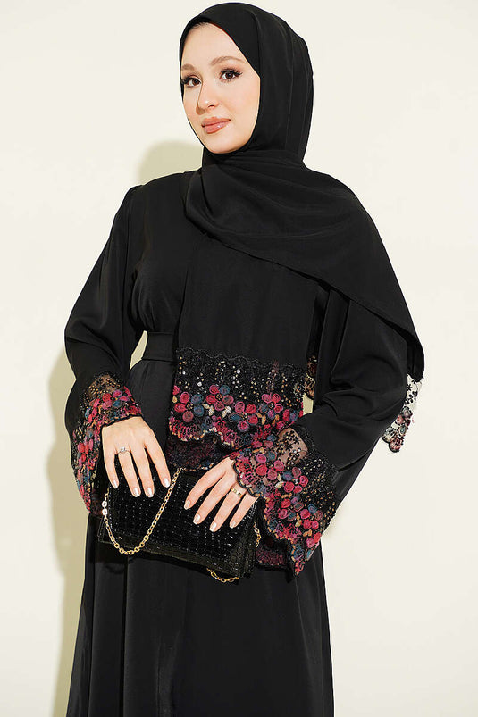 Şallı Çiçek Süslemeli Abaya Elbise Siyah