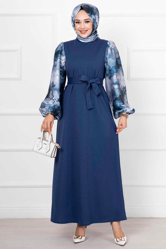 Robe Hijab Longue En Satin Avec Manches Châles Indigo