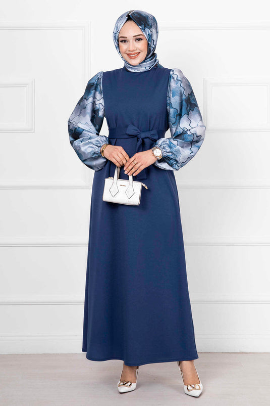 Robe Hijab Longue En Satin Avec Manches Châles Indigo