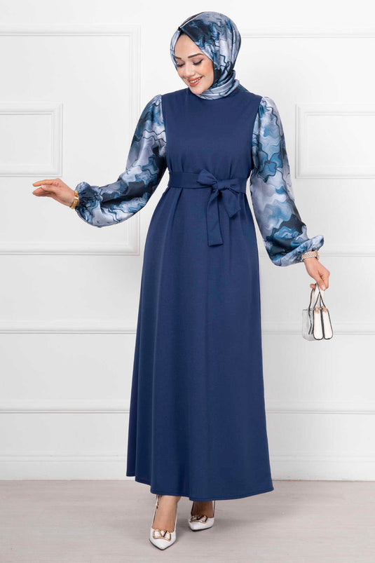 Robe Hijab Longue En Satin Avec Manches Châles Indigo