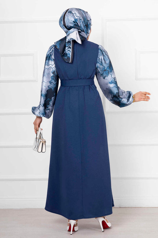 Robe Hijab Longue En Satin Avec Manches Châles Indigo