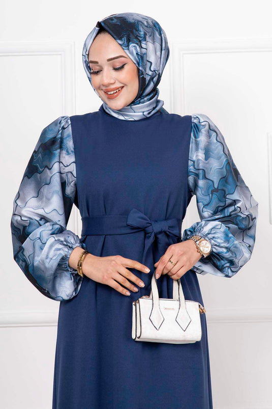 Robe Hijab Longue En Satin Avec Manches Châles Indigo