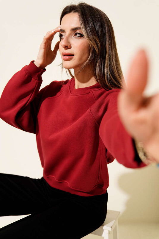 Bordeaux Basic Kurzes Sweatshirt Mit Fleece