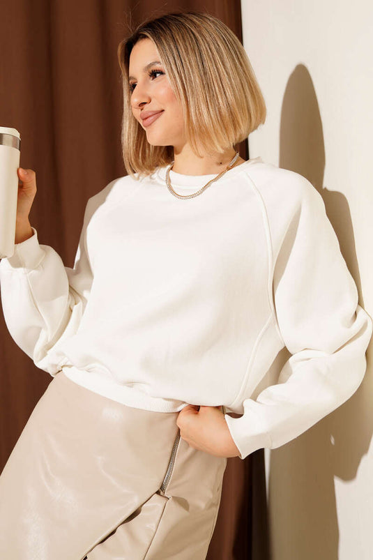 Brushed Basic Short Sweatshirt, Ecru