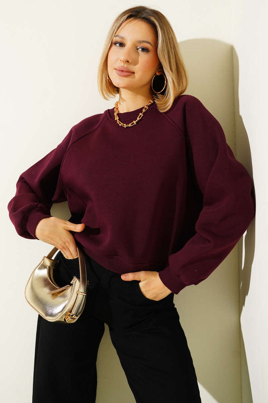 Şardonlu Basic Kısa Sweatshirt Mürdüm