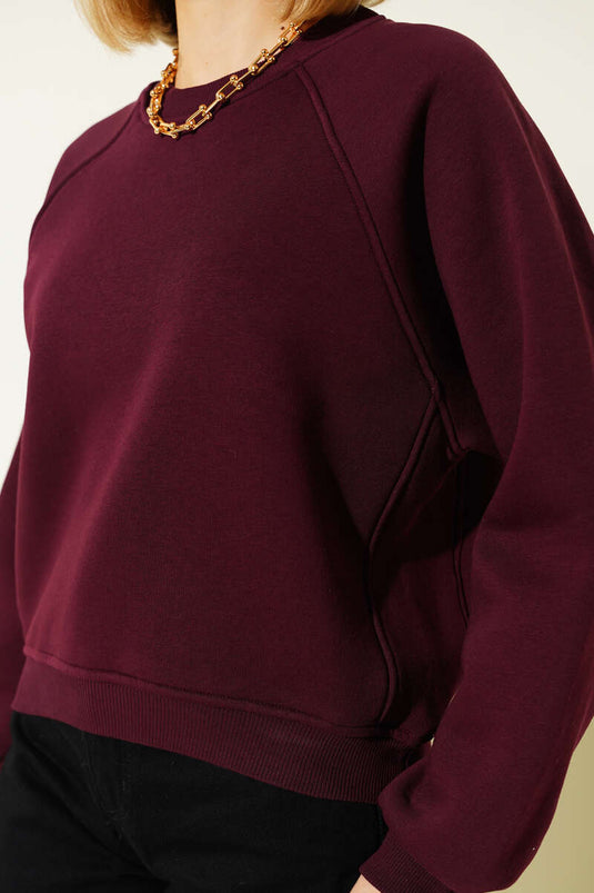 Şardonlu Basic Kısa Sweatshirt Mürdüm