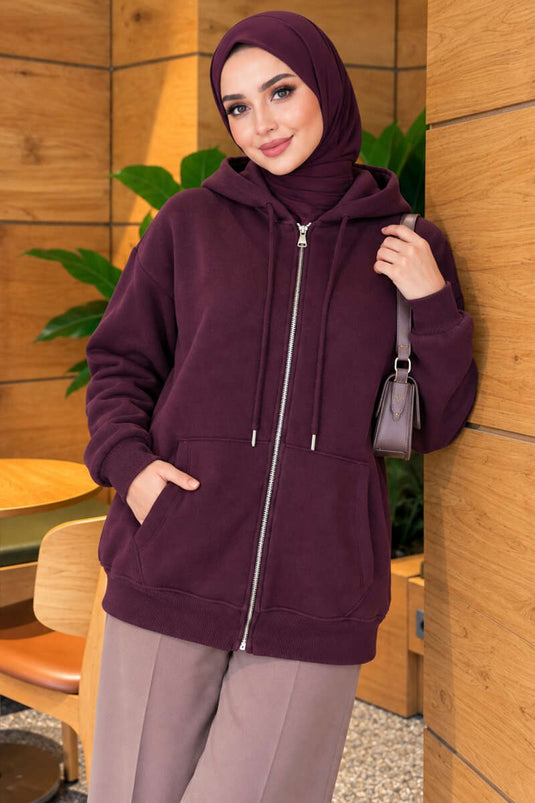 Samtbesetzter Reißverschluss-Cardigan In Mauve