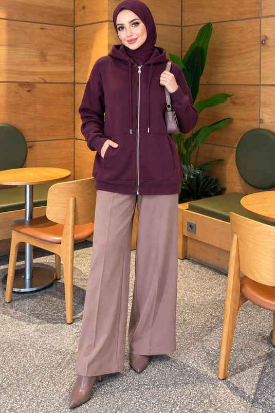 Samtbesetzter Reißverschluss-Cardigan In Mauve