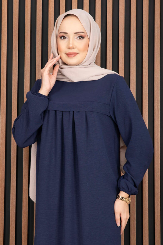 Dress with Sari Fabric Details, Modest Covering, Navy Blue