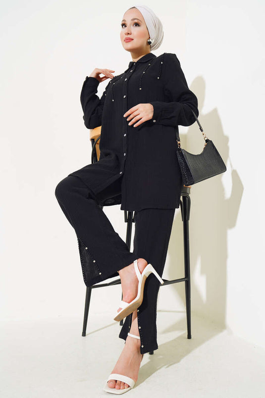 Sarkıt Taş Detaylı İkili Takım Siyah