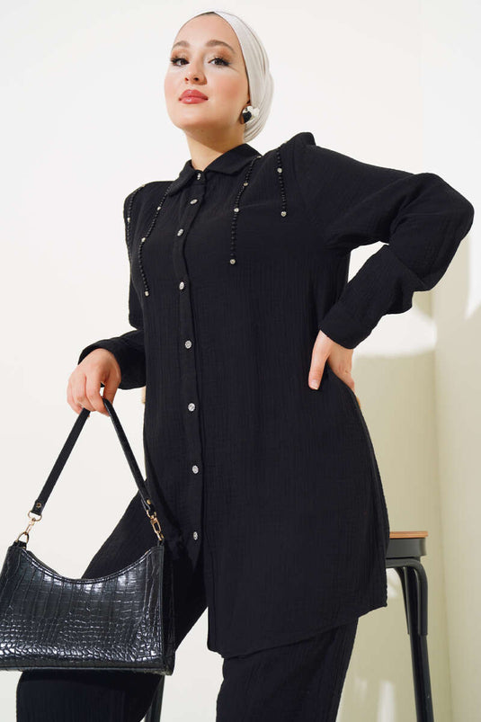 Sarkıt Taş Detaylı İkili Takım Siyah