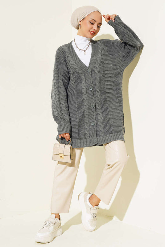 Sarmal Desen Detaylı Triko Hırka Antrasit