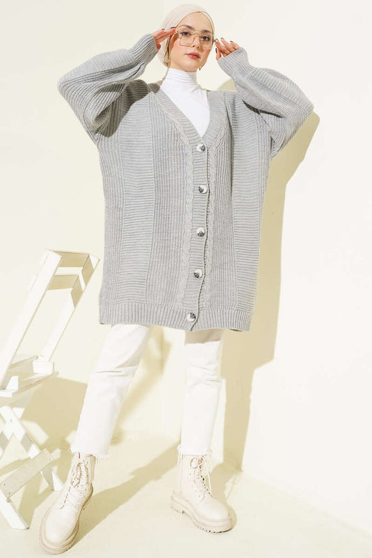 Sarmal Desen Detaylı Triko Hırka Gri