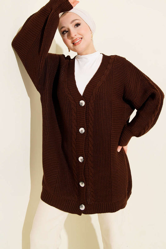 Sarmal Desen Detaylı Triko Hırka Kahve