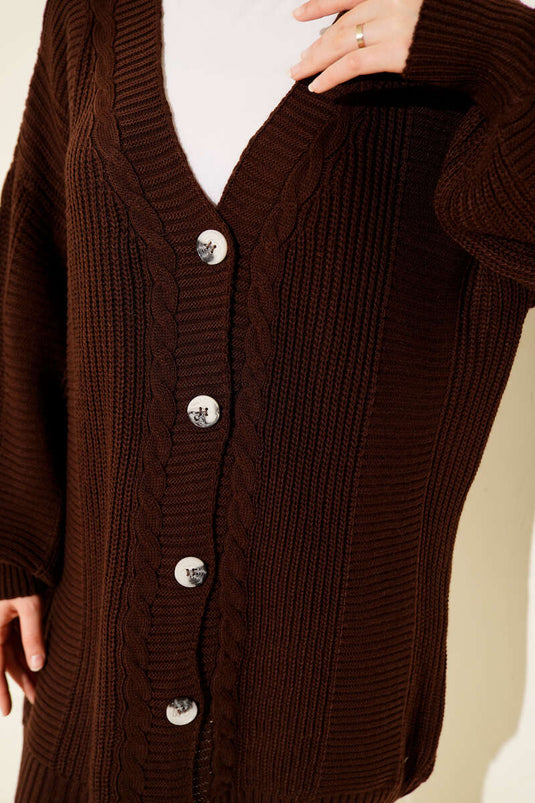 Sarmal Desen Detaylı Triko Hırka Kahve