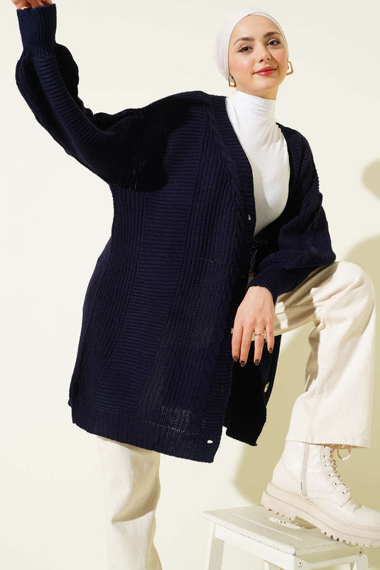 Spiral Pattern Detail Knitted Cardigan Navy Blue