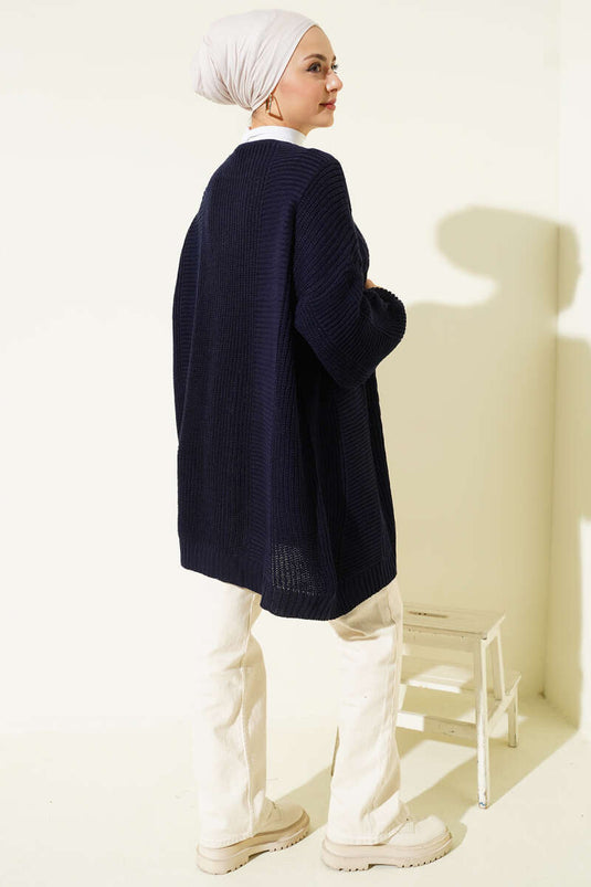 Spiral Pattern Detail Knitted Cardigan Navy Blue