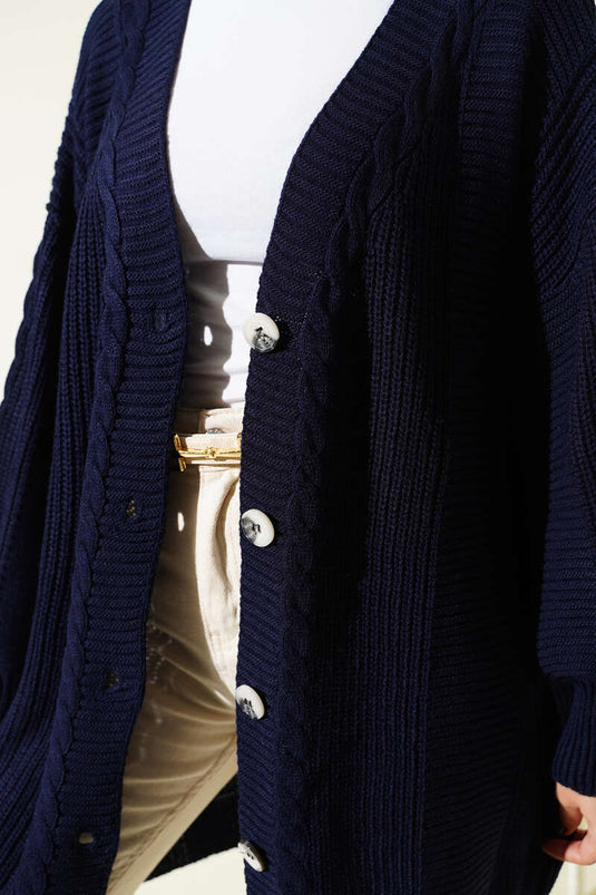 Spiral Pattern Detail Knitted Cardigan Navy Blue