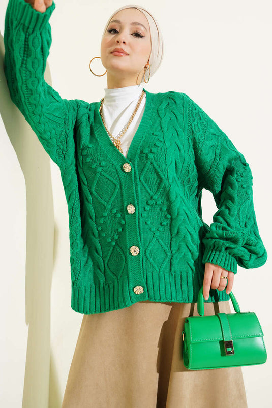 كارديجان قصير أخضر بنمط حلزوني وأزرار