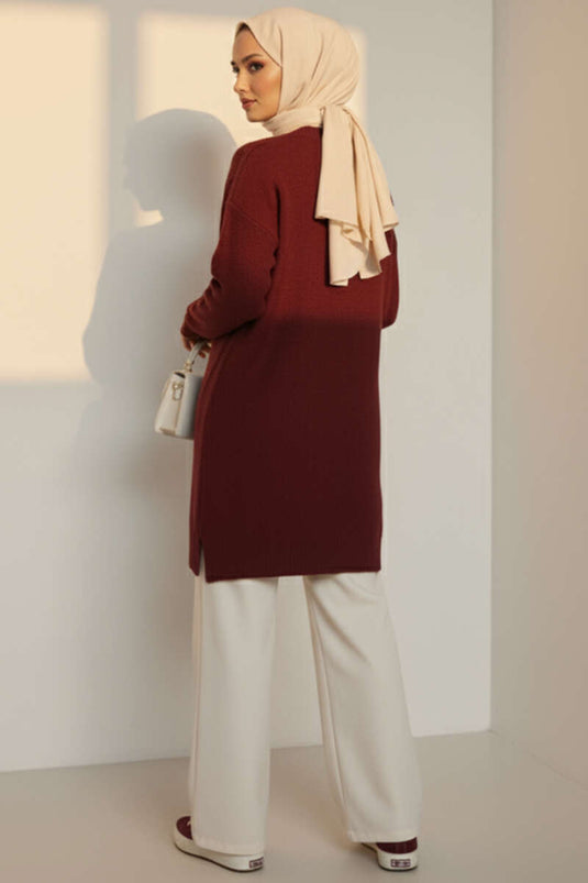 Sarmal Kabartmalı Yumoş Triko Tunik Bordo