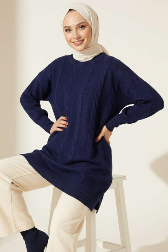 Sarmal Kabartmalı Yumoş Triko Tunik Lacivert
