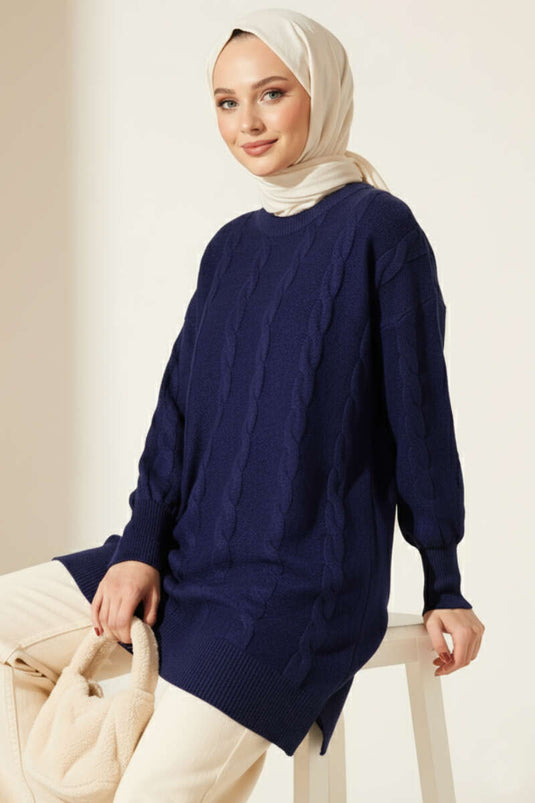 Sarmal Kabartmalı Yumoş Triko Tunik Lacivert