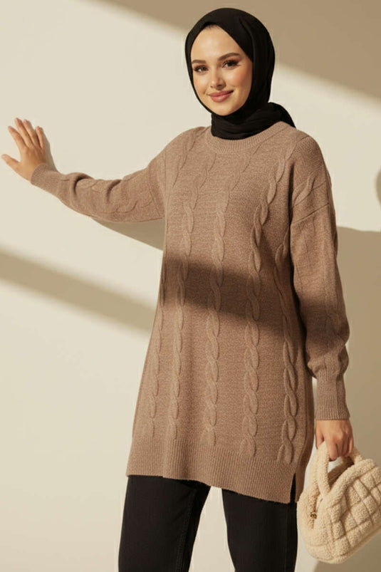 Sarmal Kabartmalı Yumoş Triko Tunik Vizon