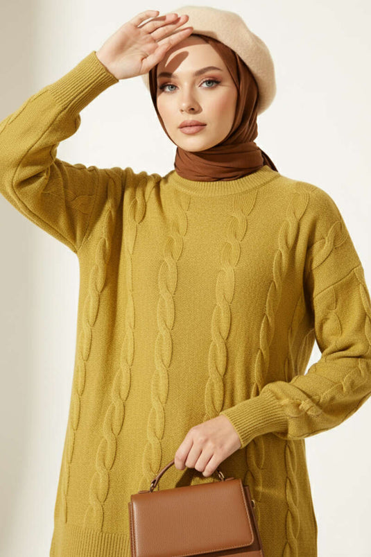 Sarmal Kabartmalı Yumoş Triko Tunik Yağ Yeşili