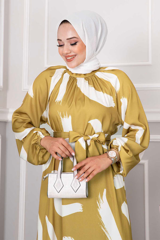 Satijnen taille hijabjurk met riem, mosterd