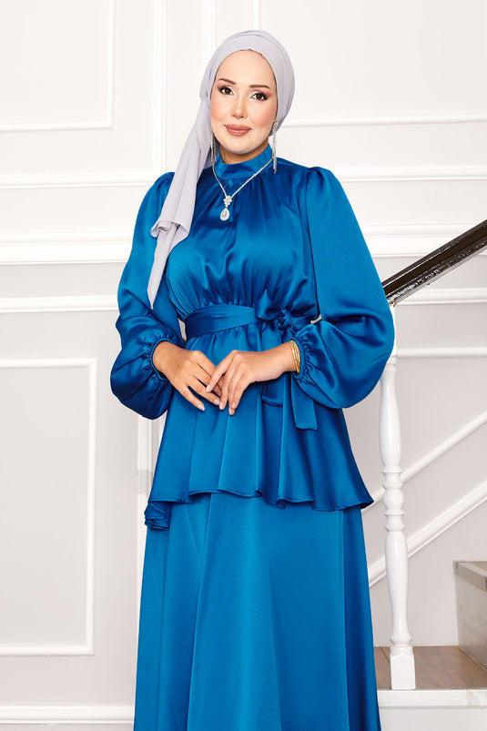 Satin Skirted Two-Piece Hijab Suit Blue