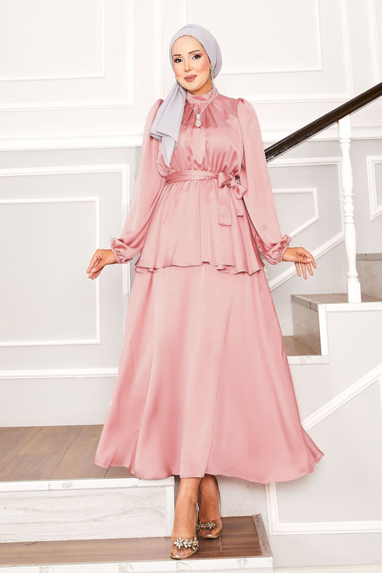 Satin Skirted Two-Piece Hijab Suit Powder
