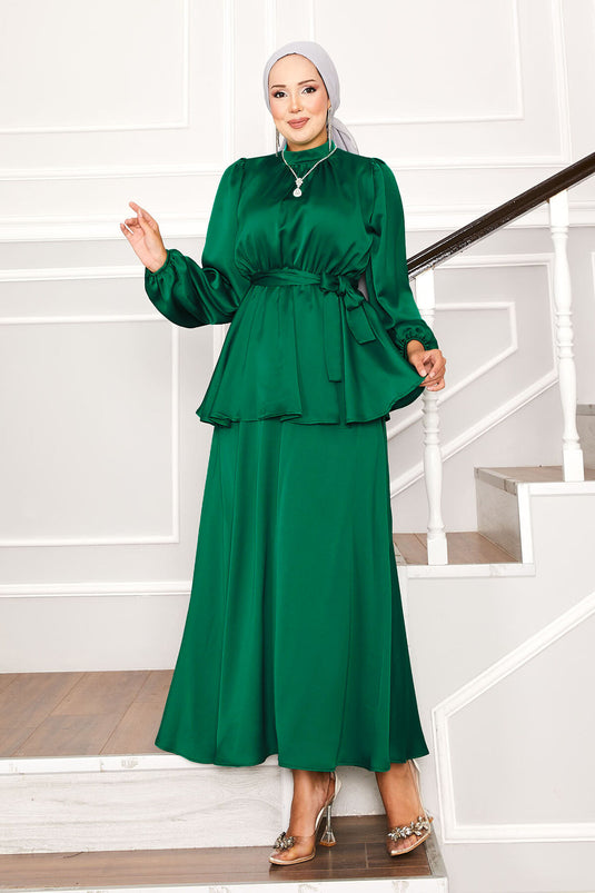 Satin Skirted Two-Piece Hijab Suit Emerald