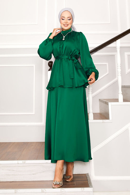 Satin Skirted Two-Piece Hijab Suit Emerald