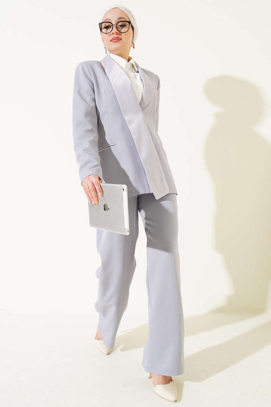 Satin Trimmed Jacket Two-Piece Set Gray