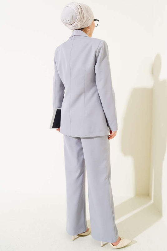 Satin Trimmed Jacket Two-Piece Set Gray