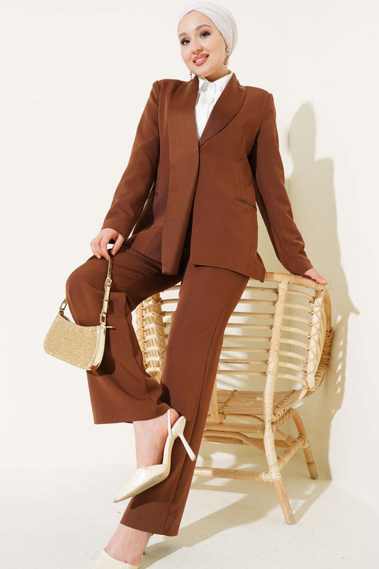 Satin Trimmed Jacket Two-Piece Set Coffee