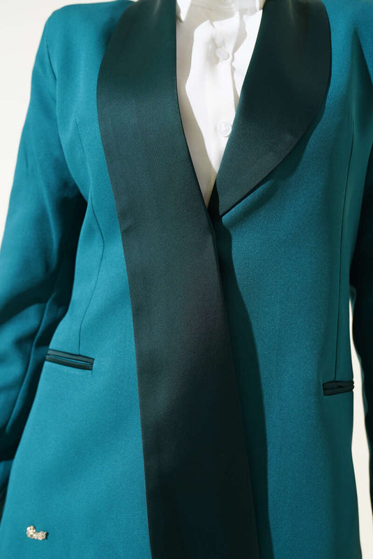 طقم جاكيت مزين بالساتان مكون من قطعتين، زمرد