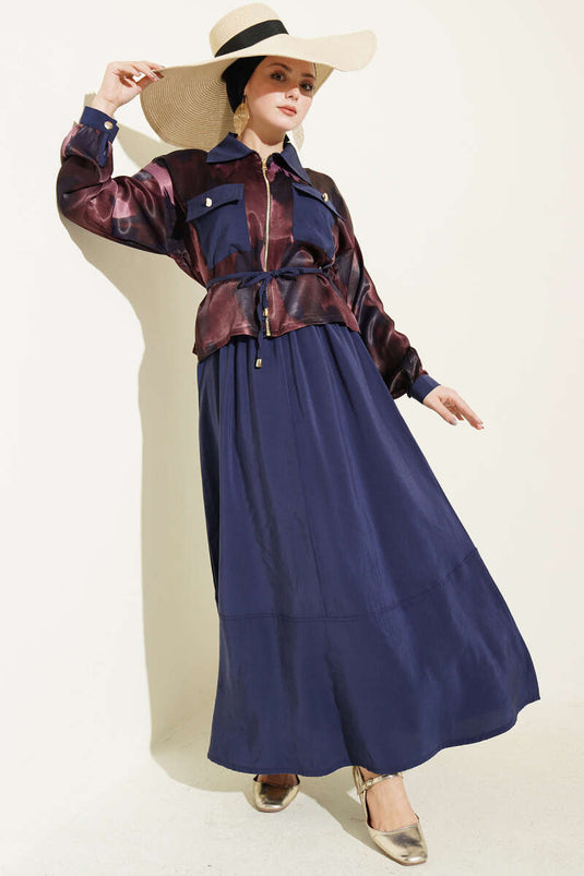 Satin Blouse and Skirt Set with Chest Pocket Burgundy Navy