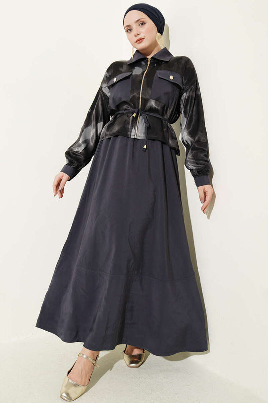 Ensemble blouse et jupe avec poche poitrine en satin, couleur fumée