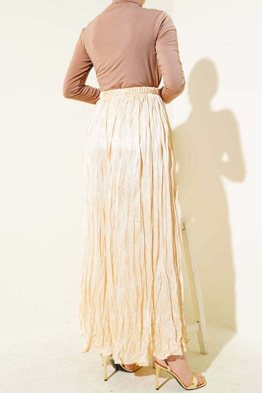 Satin Look Crinkle Skirt Beige