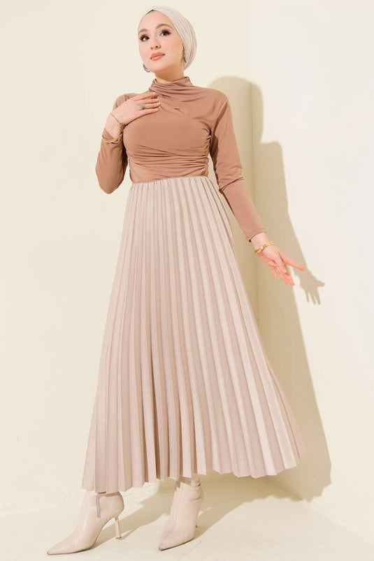 Satin-Look Pleated Skirt, Beige